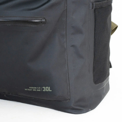 Black wet bag with 'Version 3.0' and '30L' text in the front lower right corner of the bag on a white background