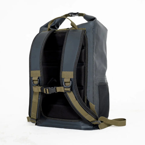 Black backpack with green straps on a white background