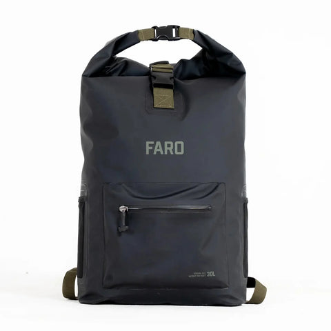 Black waterproof backpack with 'FARO' branding on a white background