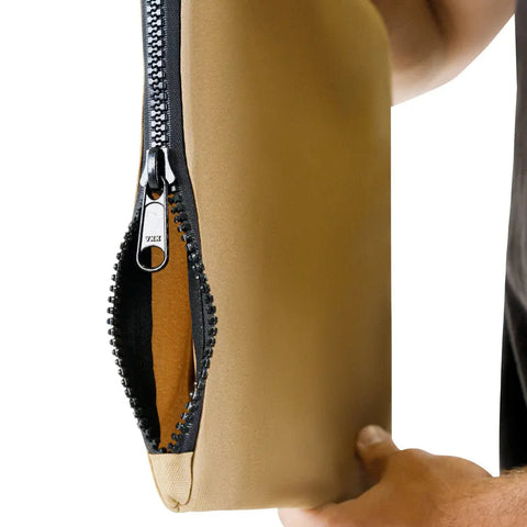 Close-up of a beige fin wallet bag with a black YKK zipper being pulled open.