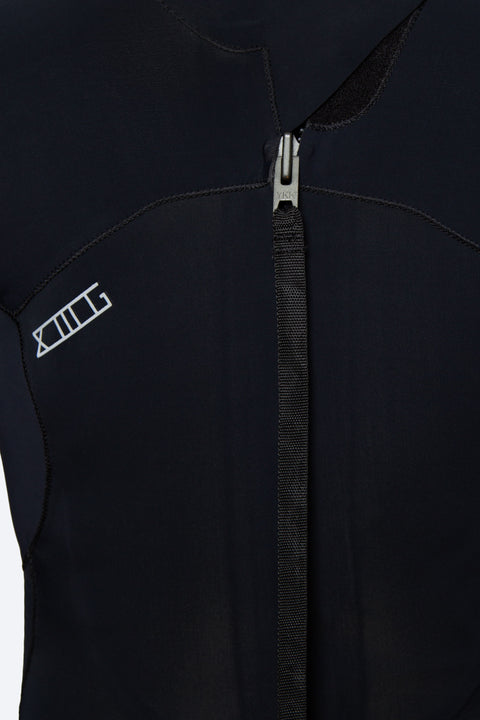 Close-up of the back of a 00 BY XIIIG PICTA multisport wetsuit showing the YKK zipper, pull tab, and the XIIIG logo in white on the shoulder blade