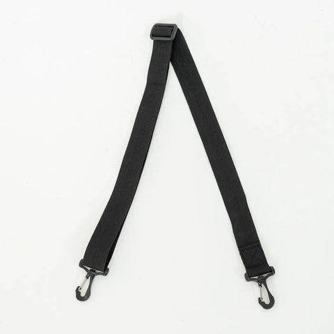 Black strap with metal hooks on a white background