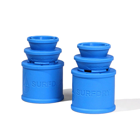 Set of blue collapsible SURFDRY products with 'SURFDRY' branding on a white background